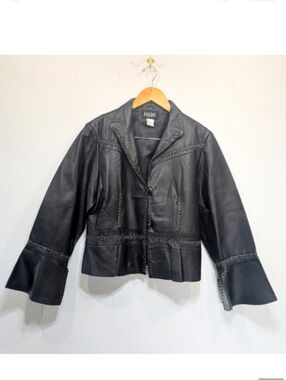 Barebac Black Leather Jacket Whipstitch Bell Sleeve Boho Moto Cropped Large